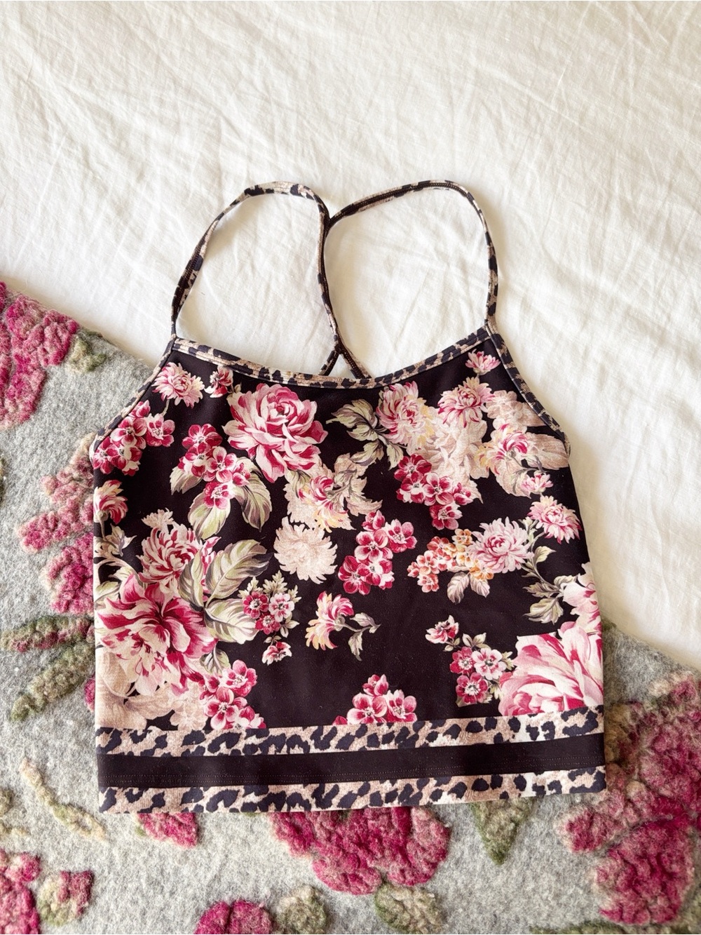 Johnny Was Brown Floral Cropped Cami with Pink Rose and Leopard Print XS